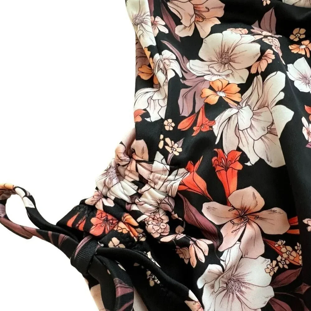 Shade and Shore Black Floral Halter Keyhole Bandeau One Piece Swimsuit